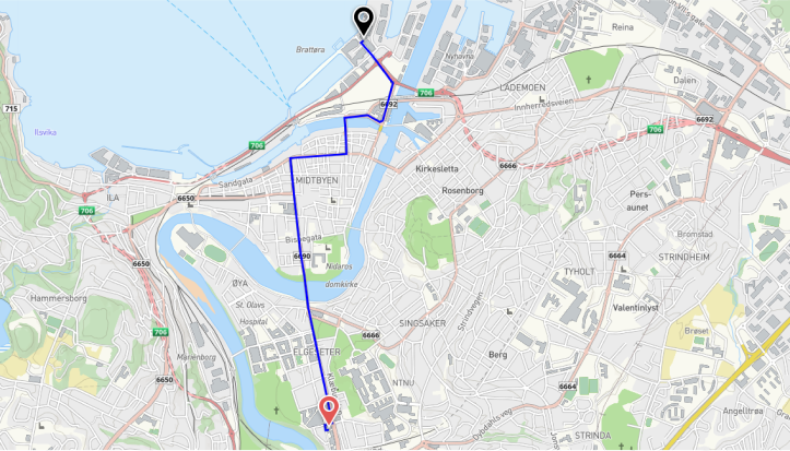 En rute laget med data fra API Ruteplanlegger